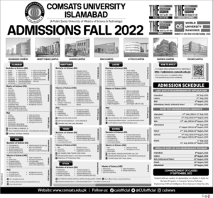 COMSATS University Islamabad Admissions 2022 apply online admissions.comsats.edu.pk